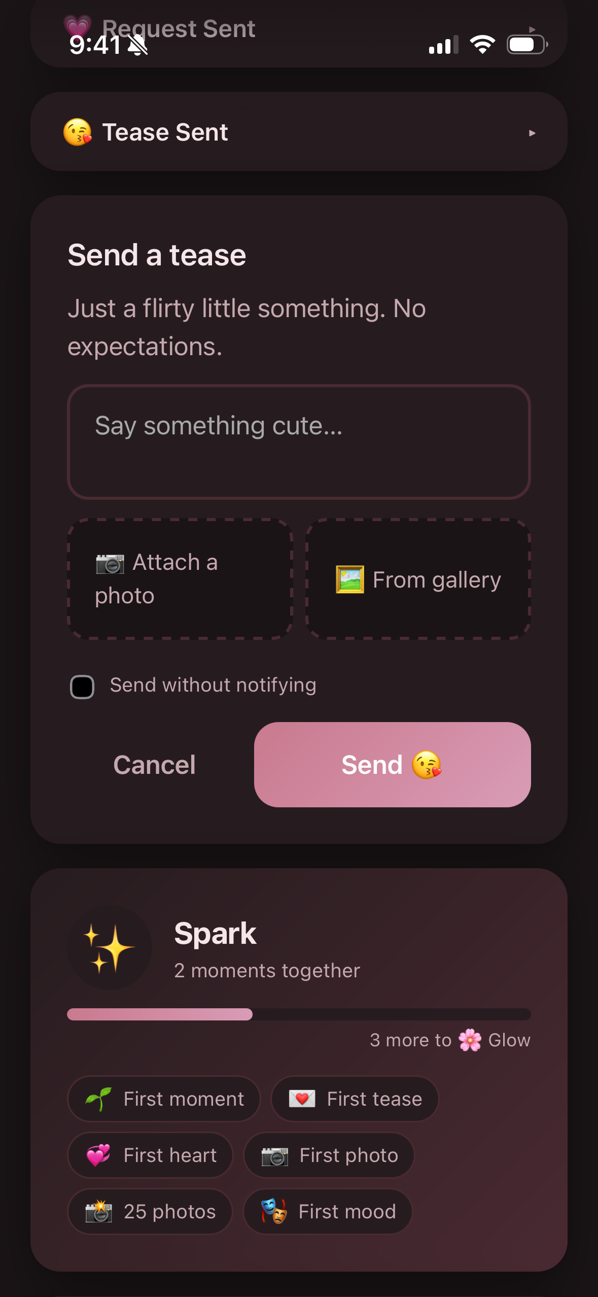 Send a Tease form with note field, photo attachment, and a Spark badges progress card