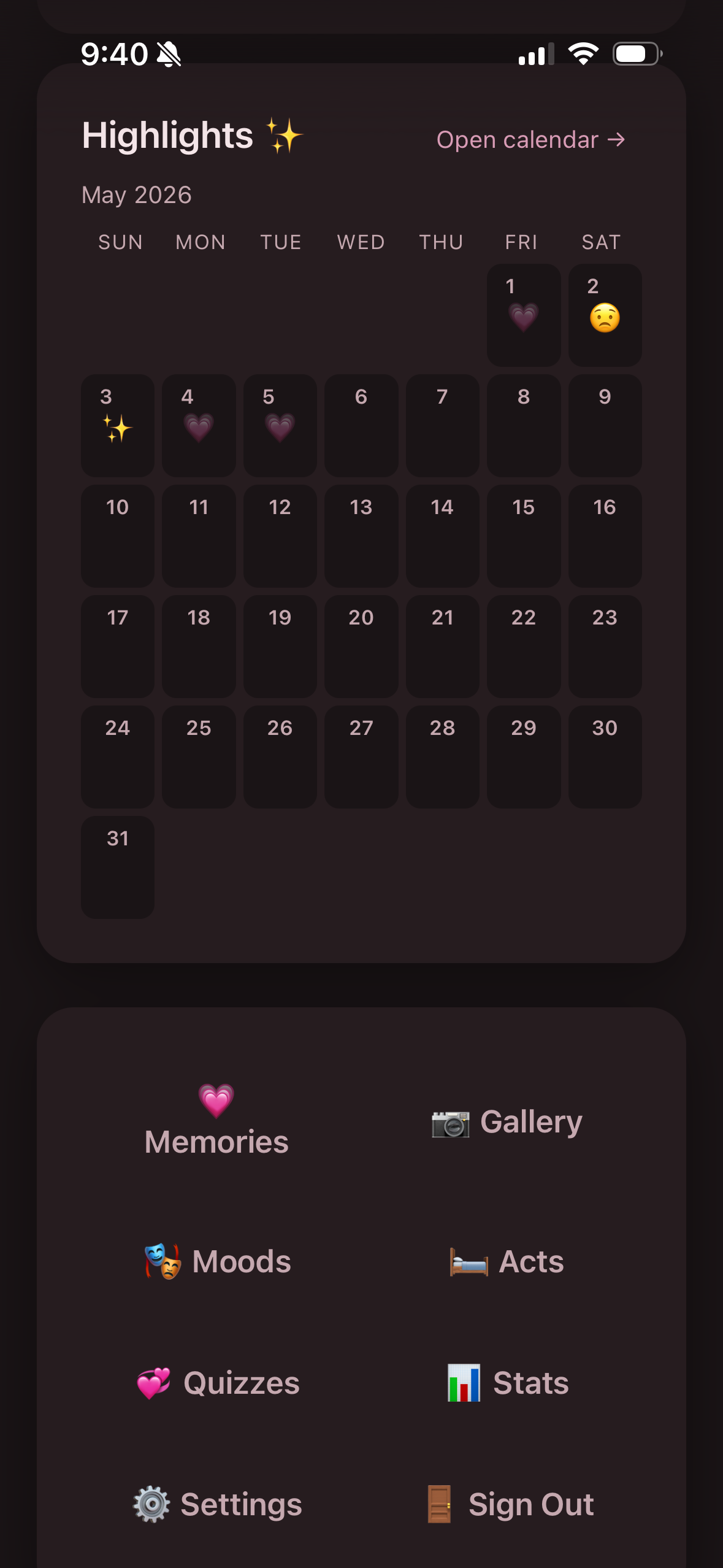 Highlights calendar with monthly view of moments and a Memories / Gallery / Moods footer menu