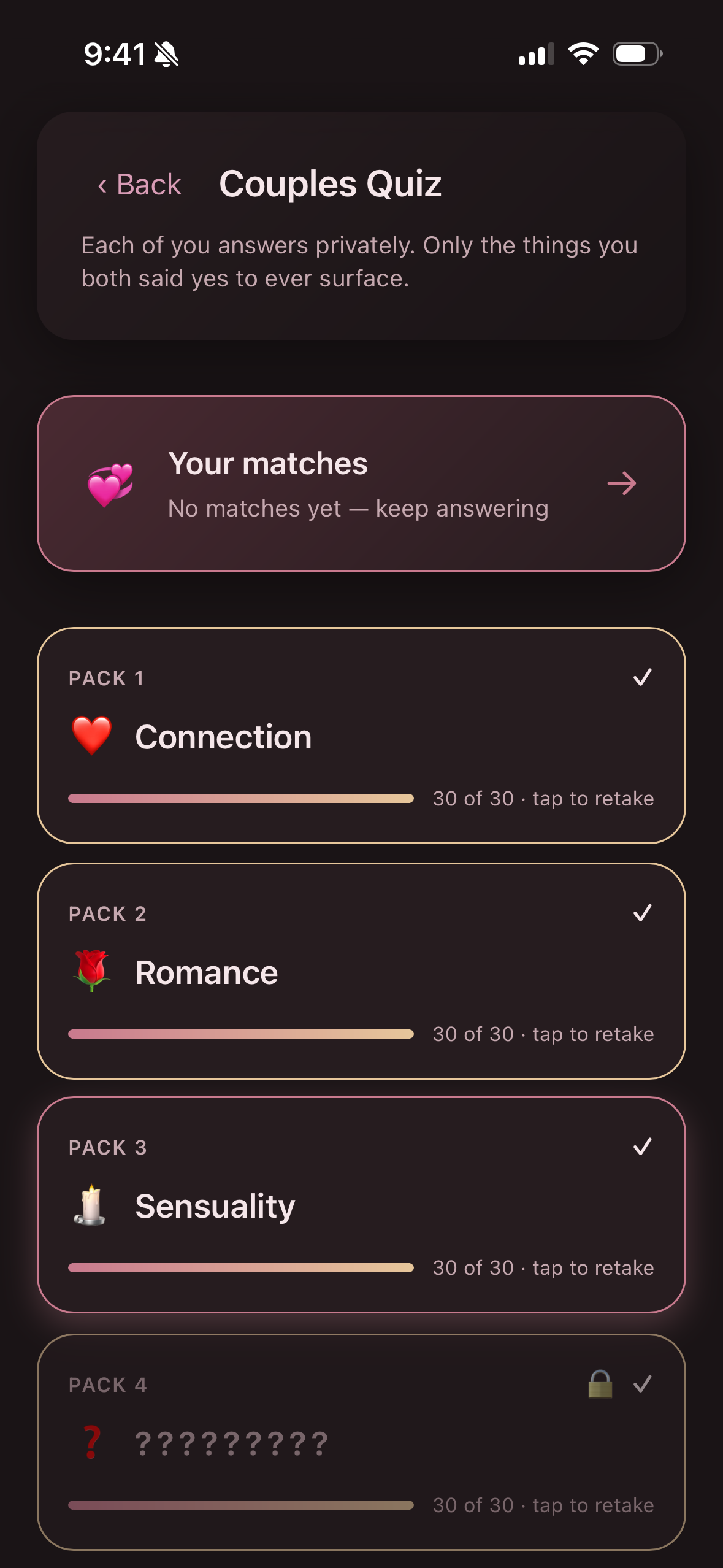 Couples Quiz screen showing themed packs: Connection, Romance, Sensuality, with progress bars